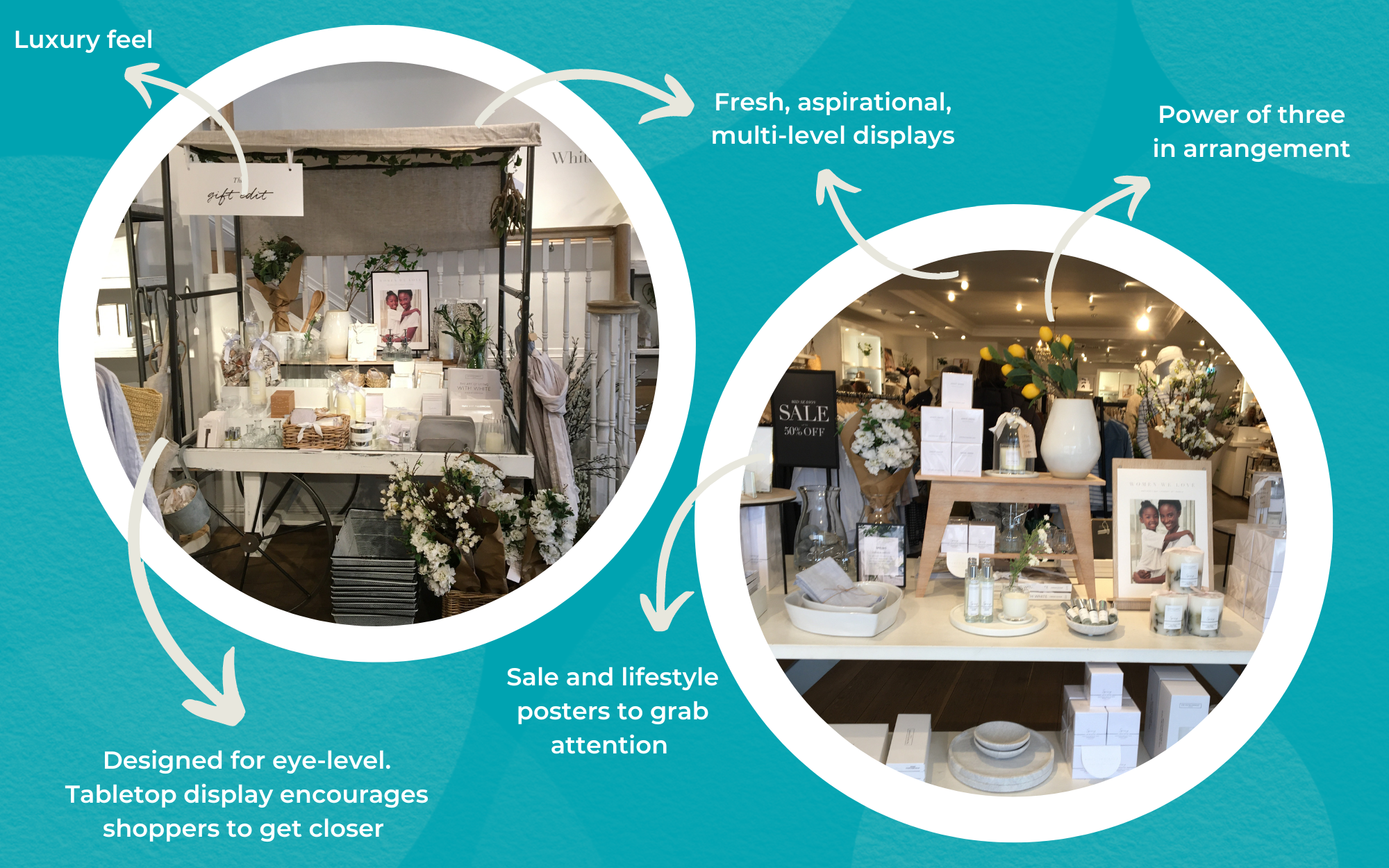 In-store tabletop retail display using the power of three in product arrangement and fresh, neutral tones for a luxury feel.