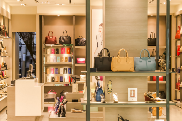 An in-store retail display featuring handbags and shoes.